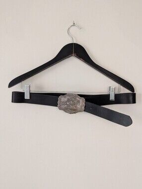 Vintage Western Black Genuine Leather Belt Pony Express Buckle Made in Canada 36